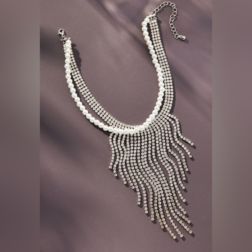 Anthropologie Pearl and Crystal Fringe Necklace NWT